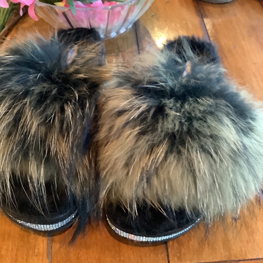 Faux fur slides with rhinestone